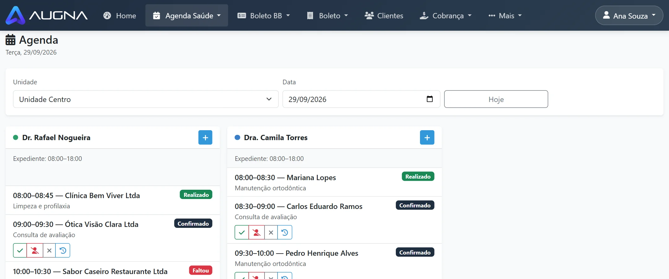 Agenda do dia com uma coluna por profissional e o status de cada atendimento