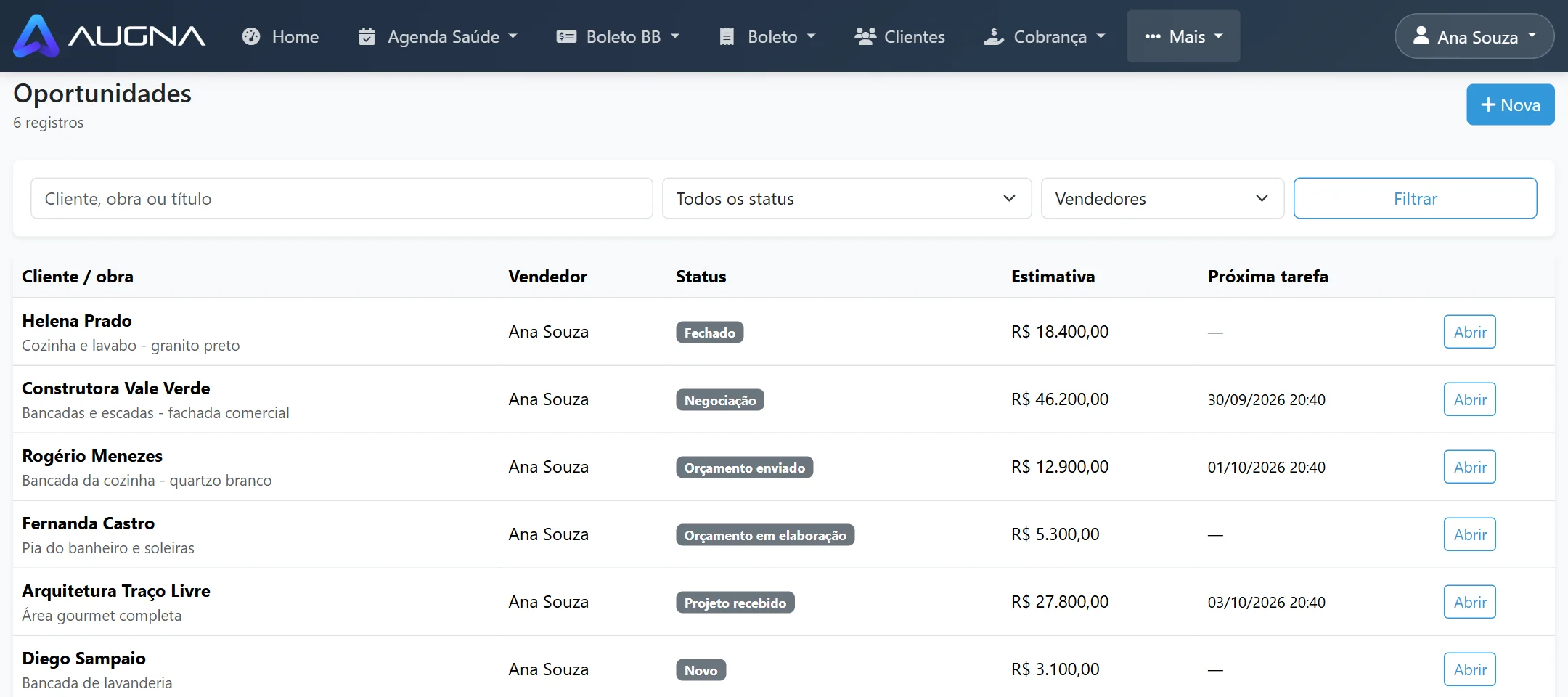 Lista de oportunidades do CRM de marmoraria com etapa e valor