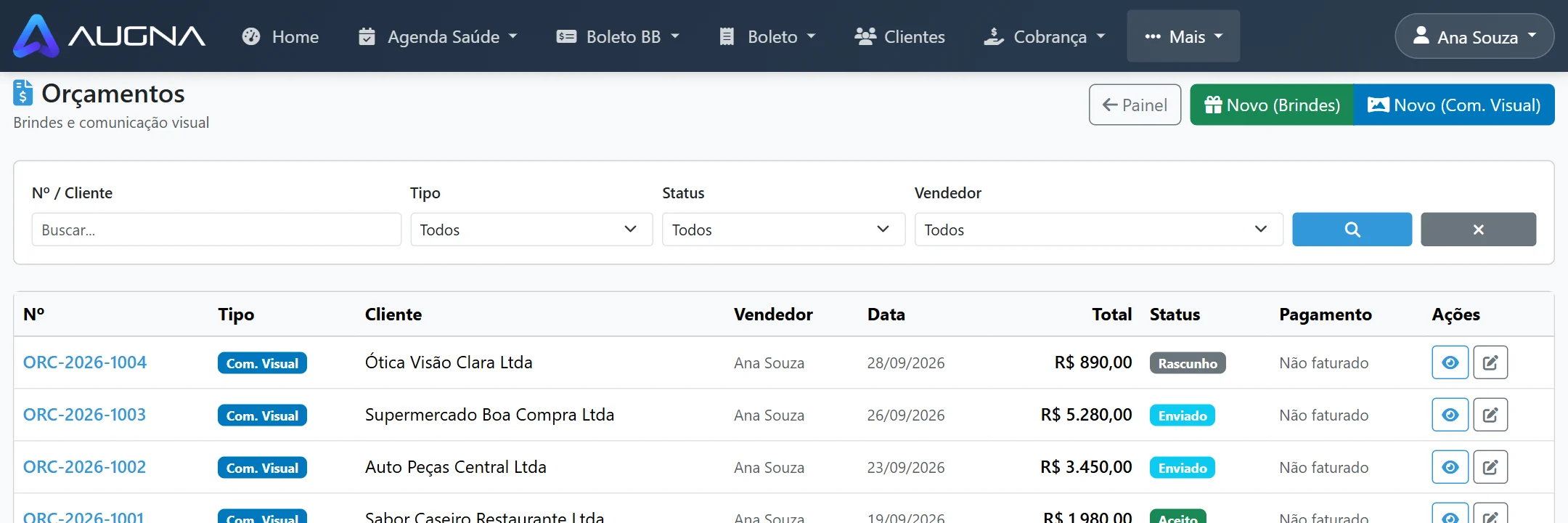 Lista de orçamentos de comunicação visual com situação de cada um